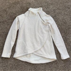 Athleta Womens XS Heathered Ivory Asymmetrical Gold Zip Pullover w/Pockets EUC